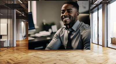 Modern black businessman in office smiling directly at camera. Generative Ai Wall mural