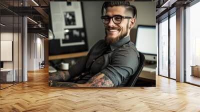 Modern caucasian freelancer man in home office smiling directly at camera. Generative Ai Wall mural