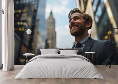 Smiling businessman in a suit stands confidently on a bustling city street with skyscrapers in the background during daylight Wall mural