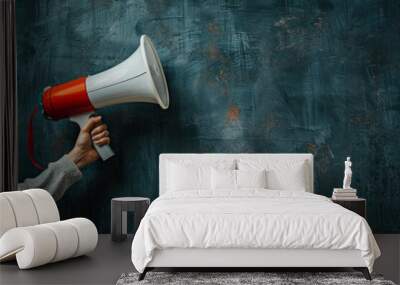 Woman hand holding a megaphone on blue background with copy space Wall mural