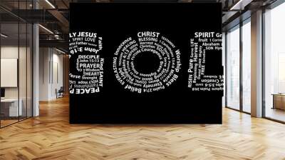 word god in white written with christian words on black background. christian background Wall mural