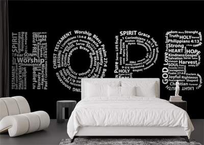 Word hope in white written with christian words on black background. Christian background Wall mural