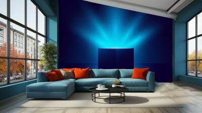 3D blue mystery box with Illuminated lighting glitter on dark background Wall mural