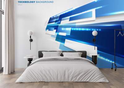 Abstract 3d blue and white rectangles motion with lighting effect technology futuristic digital concept perspective on white background with copy space. Wall mural