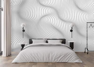 Abstract black wave thin curved lines pattern on white background and texture. Wall mural