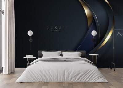 Abstract elegant 3D black and gold curve shape with shiny golden ribbon lines and lighting on dark background Wall mural