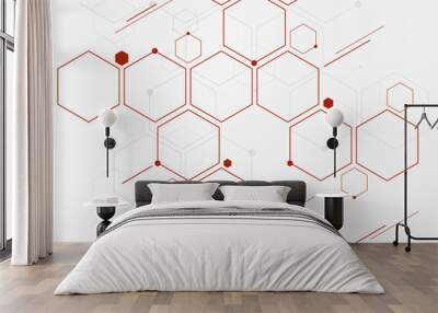 Abstract red geometric hexagons molecular structures on white background. Wall mural