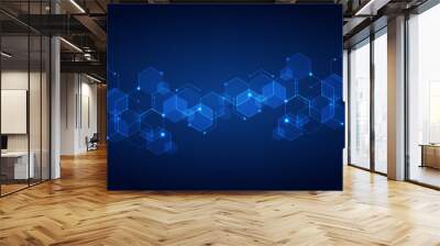 Abstract technology connect concept blue geometric hexagons pattern with glowing light on dark background. Medical, tech or science design Wall mural