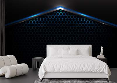 Abstract technology futuristic concept black and gray metallic overlap blue light hexagon mesh design modern background and texture. Wall mural