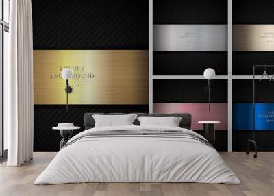 Set of carbon gold, silver, pink gold, bronze, copper and blue metallic on black background and texture. Wall mural