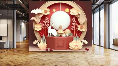 3d Podium round, Rabbit, square box stage podium and paper art Chinese new year,Chinese Festivals, Mid Autumn Festival, red paper cut, fan, flower and asian elements with craft style on background Wall mural