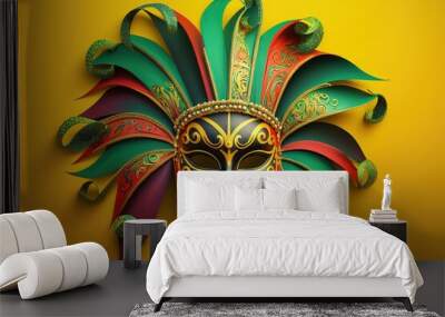 A festive, colorful mardi gras or carnivale mask on a yellow background. Venetian masks Wall mural