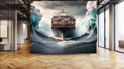 A loaded container cargo ship is seen in the front as it speeds over the ocean. Generative Ai. Wall mural