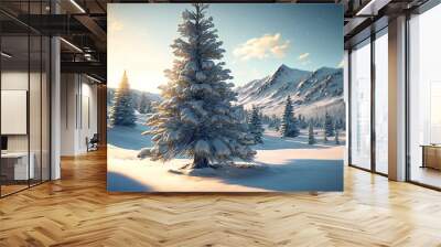 christmas tree standing in a vast open snow scape, mountain background, currently snowing, forced pe Wall mural