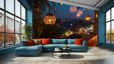 diwali lamps, indian rustic ambience, side view wide angle, in the terrace with fireworks in the sky Wall mural