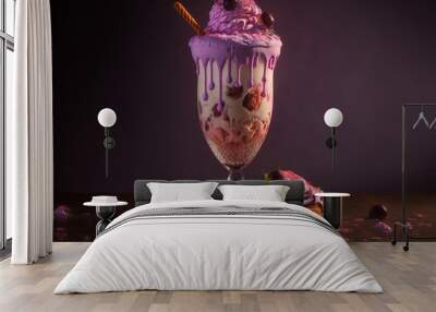 dripping chocolate and strawberry icecream birthday cake in a milkshake glass, food photography Wall mural