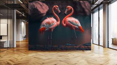 flamingo birds standing on a beautiful lake Wall mural