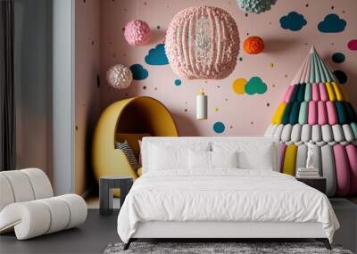 Interior of playroom with armchair, colorful chandeliers and wall decorated with stickers. Wall mural