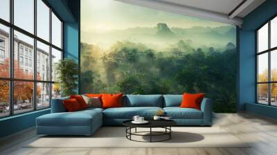 view of the jungle, African, tropical, mist and morning light, soft sunlight Wall mural