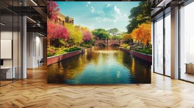 wide-angle, beautiful canal winds through gorgeous complex of art deco brownstone temples, with with lush colourful gardens Wall mural