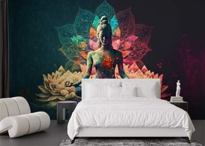 Woman Doing Yoga With Lotus Flowers And Chakra Gradient Colors - Spiritual Contemplation Wall mural