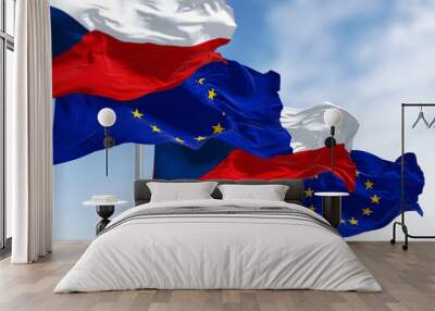 National flags of Czech Republic waving with EU flags on a clear day Wall mural