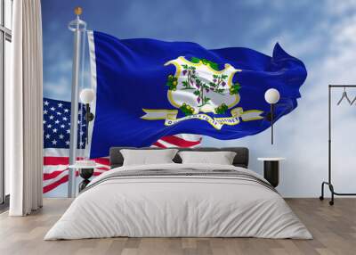 the connecticut state flag waving along with the national flag of the united states of america Wall mural