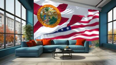 The Florida state flag waving along with the national flag of the United States of America Wall mural