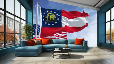 the georgia state flag waving along with the national flag of the united states of america Wall mural