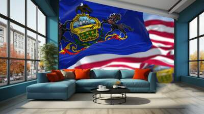 The Pennsylvania state flag waving along with the national flag of the United States of America Wall mural