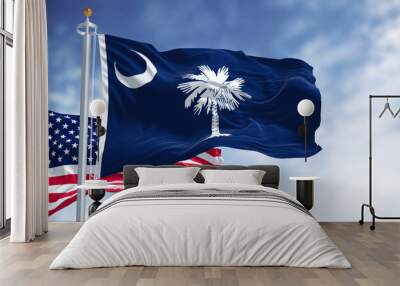 the south carolina state flag waving along with the national flag of the united states of america Wall mural