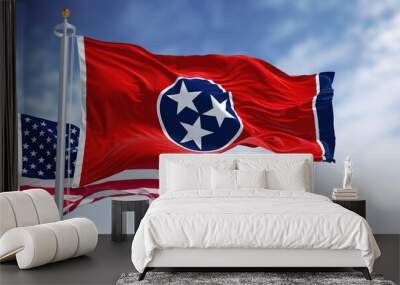 the tennessee state flag waving along with the national flag of the united states of america Wall mural