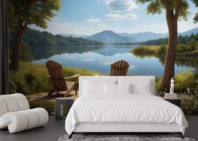 A serene scene of two wooden chairs placed in front of mountain lake view Wall mural