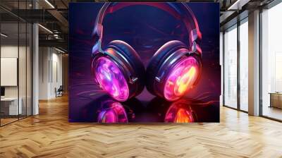 3d rendering of headphones in neon light on dark background Wall mural