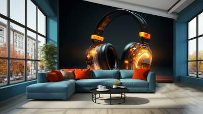 3d rendering of headphones in neon light on dark background Wall mural