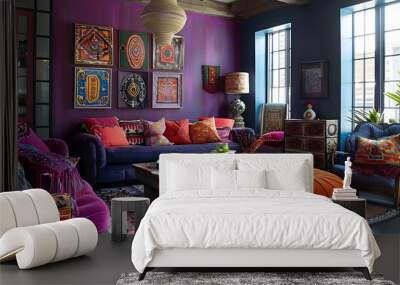 Colorful pillows on a sofa in a cozy living room Wall mural