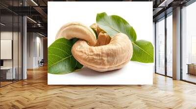 Fresh cashew nuts with green leaves isolated on a white background. Wall mural