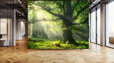 Green leaves in the forest with sunlight in the morning Wall mural