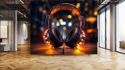 headphones with glowing lights on dark background. music concept Wall mural