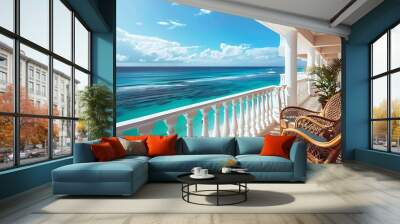 Luxury hotel balcony with sea view and palm tree Wall mural