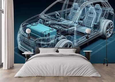 A line art 3D illustration displays a modern electric car chassis x-ray, revealing the vehicle battery in a studio environment. Wall mural