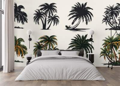 set of palm trees illustration and silhouette, Generative Ai Wall mural