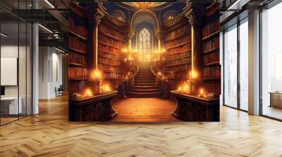  An ancient, magical library with towering bookshelves, enchanted books glowing softly Wall mural