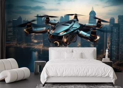 Drone flying in the sky over the city Wall mural