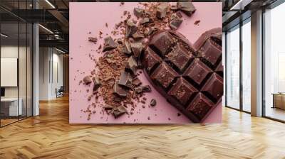 Heart shaped chocolate bar with broken pieces and cocoa powder on pink background Wall mural