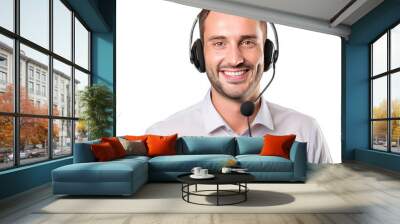 Young happy smiling customer support phone operator in headset on transparent background png Wall mural