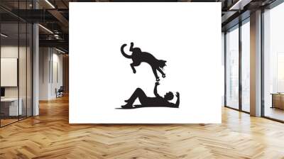 Cat playing silhouette. Funny cat vector silhouette. Cat fun with child, rat, man. Wall mural