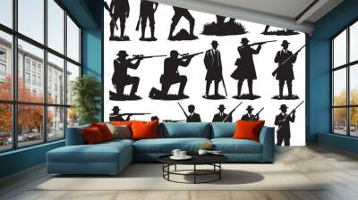 Hunting man silhouette set. Hunting man with gun Wall mural