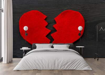 Top view of red broken heart shape on wooden  Wall mural