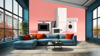 Group of home appliances. Refrigerator, Gas cooker, Microwave, Cooker hood, Air conditioner and Washing machine on pink studio background Wall mural